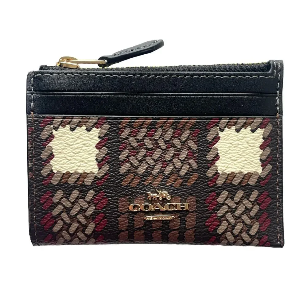 Coach NEW Skinny ID Card Case ~ Brushed Plaid Brown & Gold PVC Mini Wallet CN018